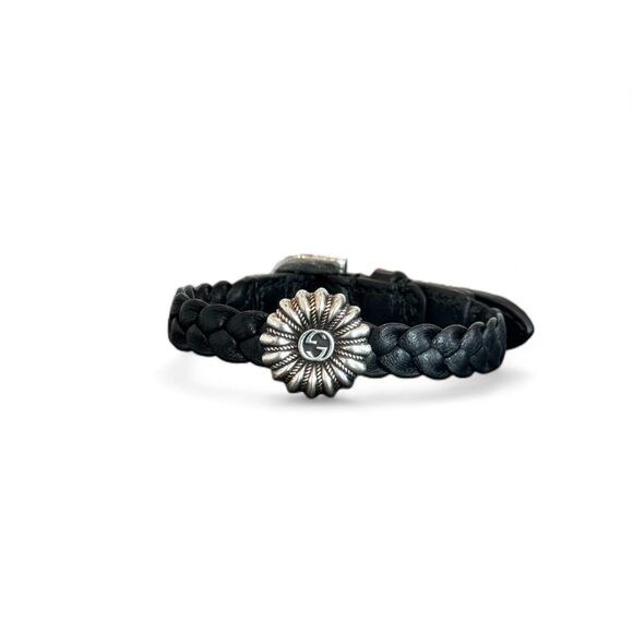 Gucci Interlocking GG Silver Flower Leather Bracelet - Picture 1 of 5
